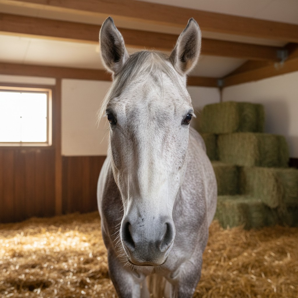 The gray horse in the barn.