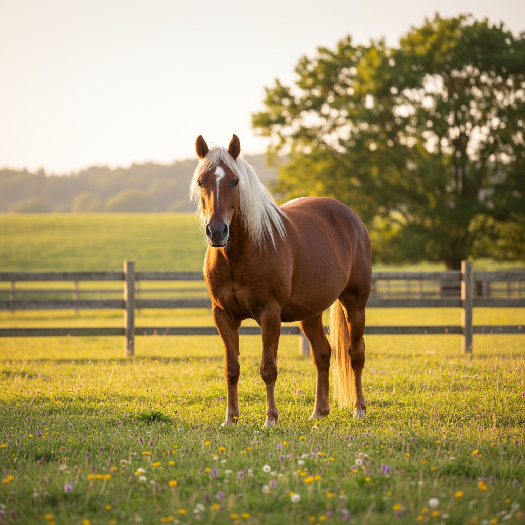 The image shows a brown horse with blonde mane and tail standing in a field of wildflowers, with a fence and trees visible...