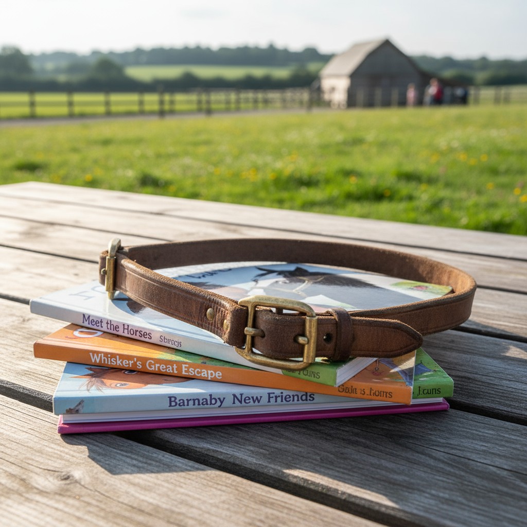 A book and dog collar on a wooden bench in a rural setting with grassy fields and a fence.