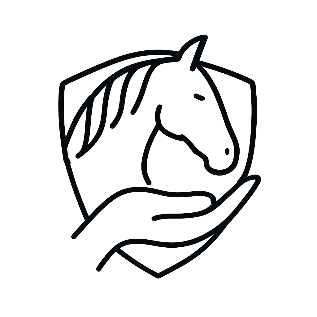 A white line drawing styles a horse's head wrapping around the palm of a hand on a black background.