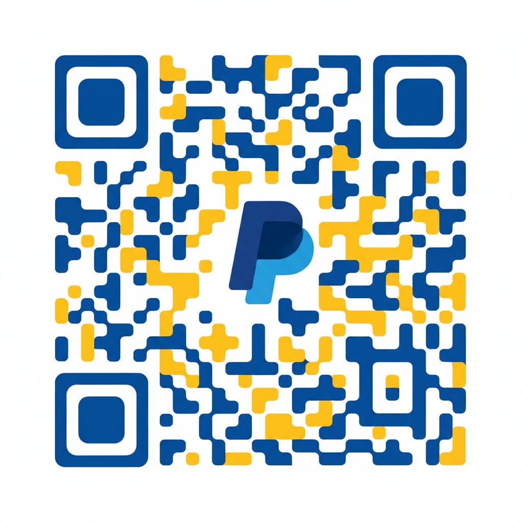 A PayPal QR code with the PayPal logo in the center; yellow and blue shapes representing the boundary of the QR code